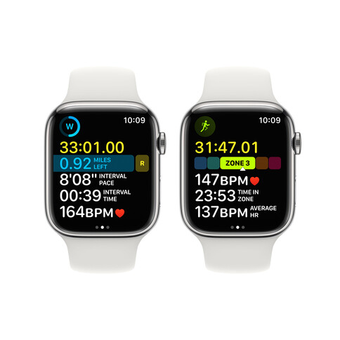 Apple Watch Series 8 GPS + Cellular, Edelstahl silber, 45 mm mit Sportarmband, weiß&gt;