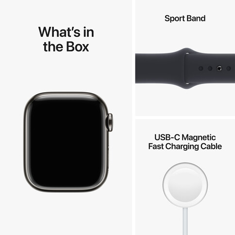 Apple Watch Series 8 GPS + Cellular, Edelstahl graphit, 41 mm mit Sportarmband, mitternacht&gt;