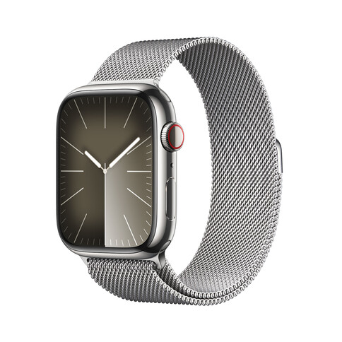 Apple Watch Series 9 GPS + Cellular, Edelstahl silber, 45mm mit Milanaise Armband, silber