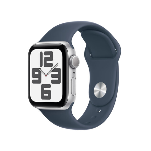 Apple Watch SE GPS, Aluminum silber, 40mm mit Sportarmband, sturmblau - M/L
