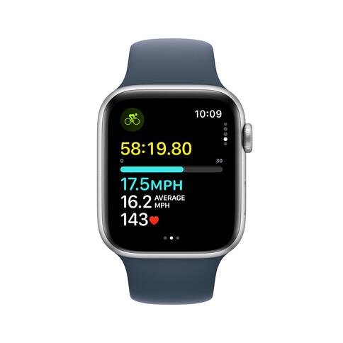 Apple Watch SE GPS, Aluminum silber, 44mm mit Sportarmband, sturmblau - S/M