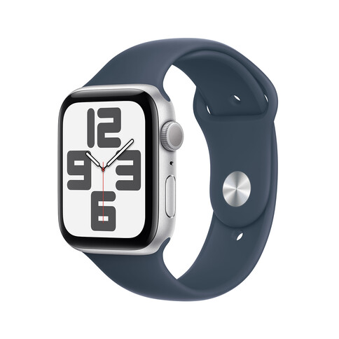 Apple Watch SE GPS, Aluminum silber, 44mm mit Sportarmband, sturmblau - S/M