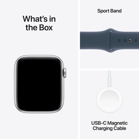 Apple Watch SE GPS, Aluminum silber, 44mm mit Sportarmband, sturmblau - M/L