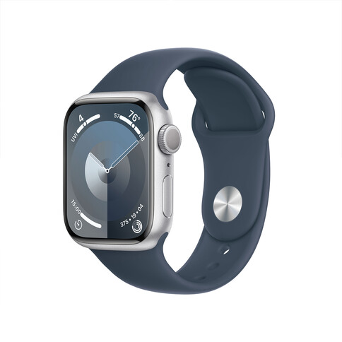 Apple Watch Series 9 GPS, Aluminium silber, 41mm mit Sportarmband, sturmblau - S/M