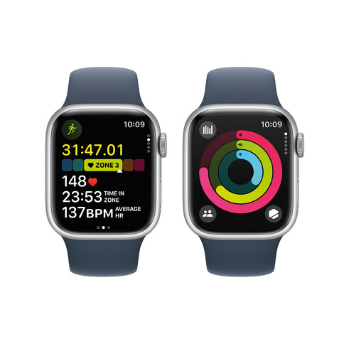 Apple Watch Series 9 GPS, Aluminium silber, 41mm mit Sportarmband, sturmblau - M/L