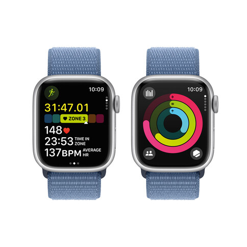 Apple Watch Series 9 GPS, Aluminium silber, 41mm mit Sport Loop, winterblau