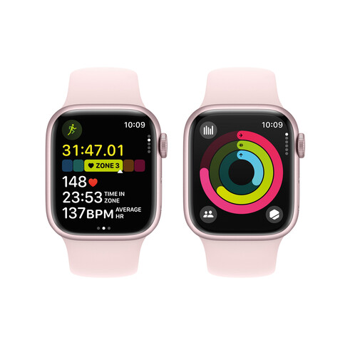 Apple Watch Series 9 GPS, Aluminium rosé, 41mm mit Sportarmband, hellrosa - S/M