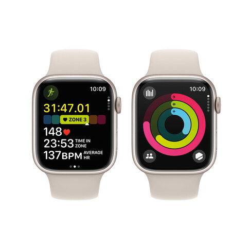 Apple Watch Series 9 GPS, Aluminium polarstern, 45mm mit Sportarmband, polarstern - S/M