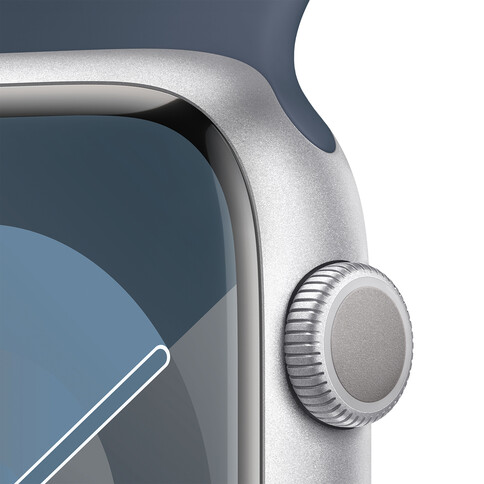 Apple Watch Series 9 GPS, Aluminium silber, 45mm mit Sportarmband, sturmblau - S/M