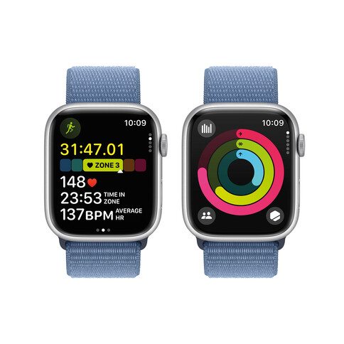 Apple Watch Series 9 GPS, Aluminium silber, 45mm mit Sport Loop, winterblau
