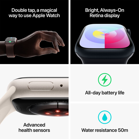 Apple Watch Series 9 GPS + Cellular, Aluminium polarstern, 41mm mit Sportarmband, polarstern - M/L