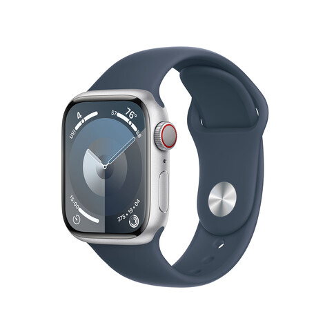 Apple Watch Series 9 GPS + Cellular, Aluminium silber, 41mm mit Sportarmband, sturmblau - S/M