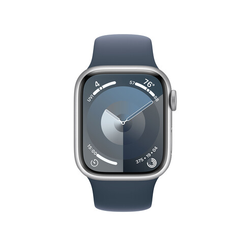 Apple Watch Series 9 GPS + Cellular, Aluminium silber, 41mm mit Sportarmband, sturmblau - S/M