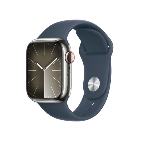 Apple Watch Series 9 GPS + Cellular, Edelstahl silber, 41mm mit Sportarmband, sturmblau - S/M