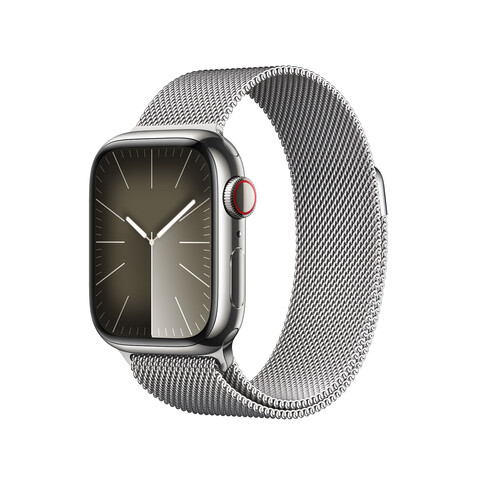 Apple Watch Series 9 GPS + Cellular, Edelstahl silber, 41mm mit Milanaise Armband, silber