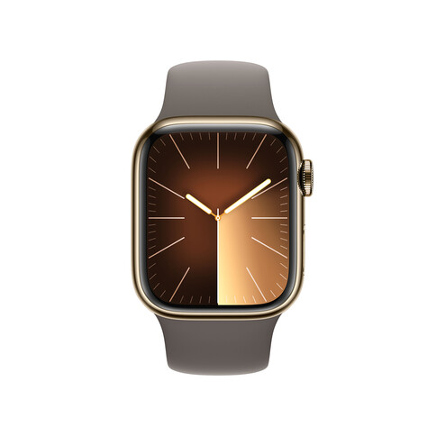 Apple Watch Series 9 GPS + Cellular, Edelstahl gold, 41mm mit Sportarmband, tonbraun - S/M
