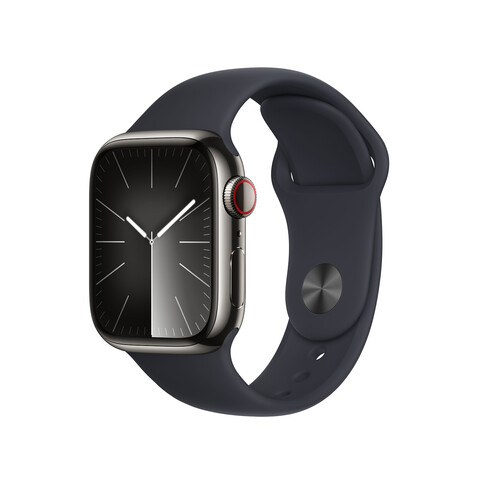 Apple Watch Series 9 GPS + Cellular, Edelstahl graphit, 41mm mit Sportarmband, mitternacht - S/M