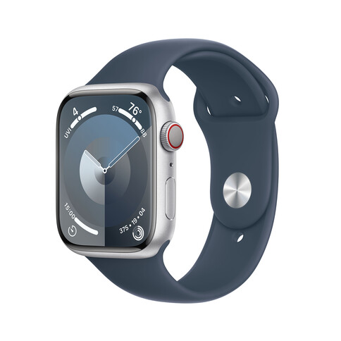 Apple Watch Series 9 GPS + Cellular, Aluminium silber, 45mm mit Sportarmband, sturmblau - S/M&gt;