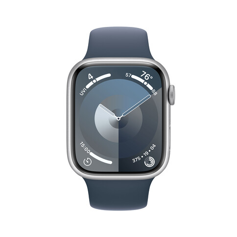 Apple Watch Series 9 GPS + Cellular, Aluminium silber, 45mm mit Sportarmband, sturmblau - S/M&gt;