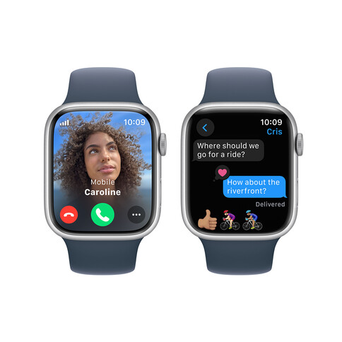 Apple Watch Series 9 GPS + Cellular, Aluminium silber, 45mm mit Sportarmband, sturmblau - S/M&gt;