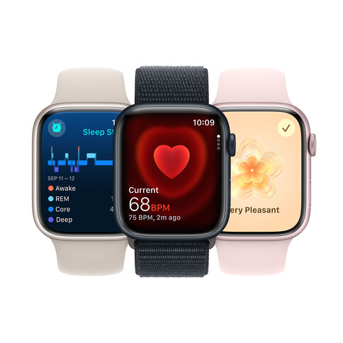 Apple Watch Series 9 GPS + Cellular, Aluminium silber, 45mm mit Sportarmband, sturmblau - S/M&gt;