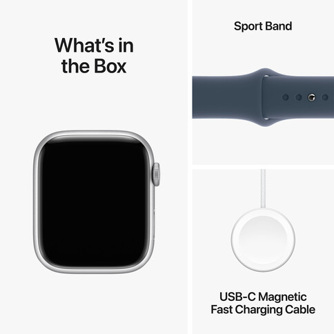 Apple Watch Series 9 GPS + Cellular, Aluminium silber, 45mm mit Sportarmband, sturmblau - S/M&gt;