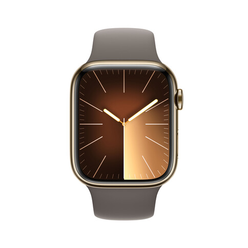 Apple Watch Series 9 GPS + Cellular, Edelstahl gold, 45mm mit Sportarmband, tonbraun - S/M