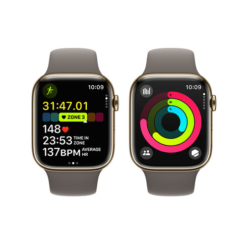 Apple Watch Series 9 GPS + Cellular, Edelstahl gold, 45mm mit Sportarmband, tonbraun - S/M