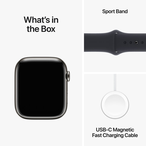 Apple Watch Series 9 GPS + Cellular, Edelstahl graphit, 45mm mit Sportarmband, mitternacht - S/M