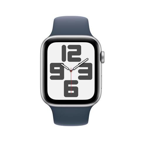 Apple Watch SE GPS + Cellular, Aluminum silber, 44mm mit Sportarmband, sturmblau - S/M