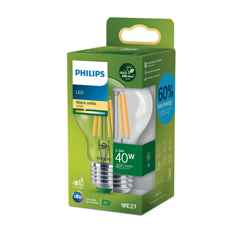 Philips Classic LED Lampe, LED CLA 40W E27 A60 2700K CL, transparent