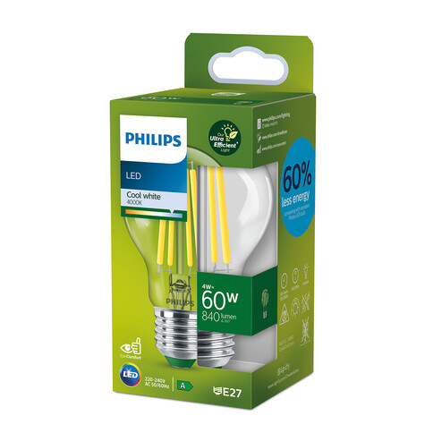 Philips Classic LED Lampe, LED CLA 60W E27 A60 4000K CL, transparent