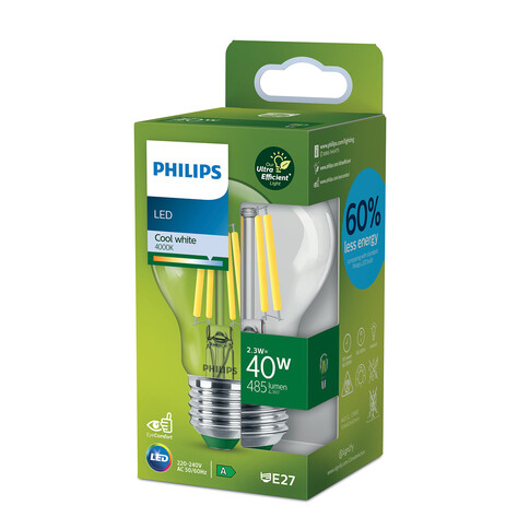 Philips Classic LED Lampe, LED CLA 40W E27 A60 4000K CL, transparent