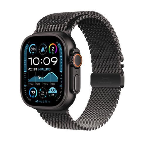 Apple Watch Ultra 2 GPS + Cellular, Titan schwarz, 49mm mit Milanaise-Armband, Titan schwarz - M