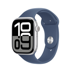 Apple Watch Series 10 GPS, Aluminium silber, 46mm mit Sportarmband, denim - S/M