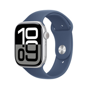 Apple Watch Series 10 GPS, Aluminium silber, 46mm mit Sportarmband, denim - S/M
