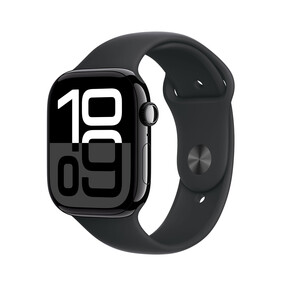 Apple Watch Series 10 GPS + Cellular, Aluminium diamantschwarz, 46mm mit Sportarmband, schwarz - M/L