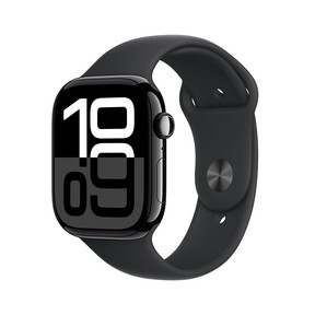 Apple Watch Series 10 GPS + Cellular, Aluminium diamantschwarz, 46mm mit Sportarmband, schwarz - M/L