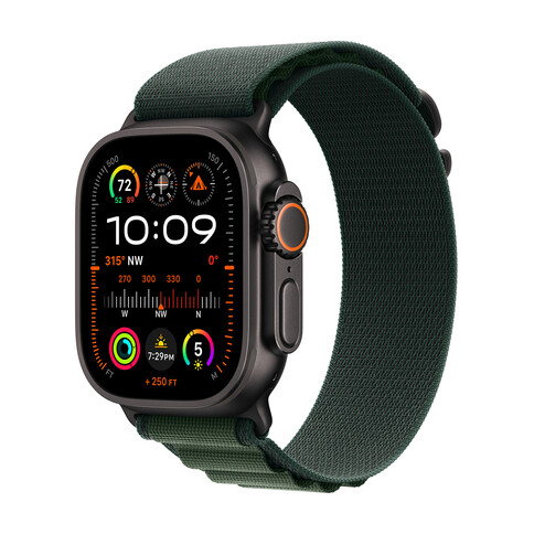 Apple Watch Ultra 2 GPS + Cellular, Titan schwarz, 49mm mit Alpin-Armband, dunkelgrün - large