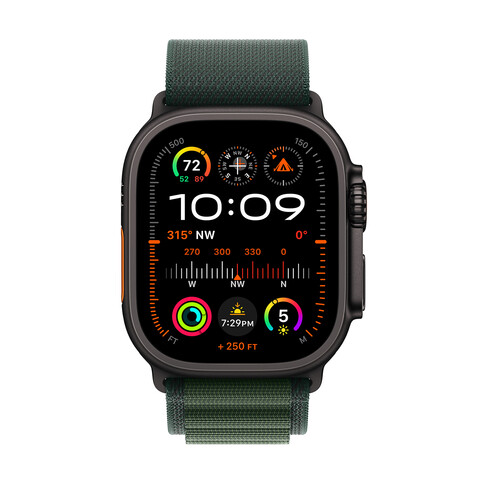 Apple Watch Ultra 2 GPS + Cellular, Titan schwarz, 49mm mit Alpin-Armband, dunkelgrün - large