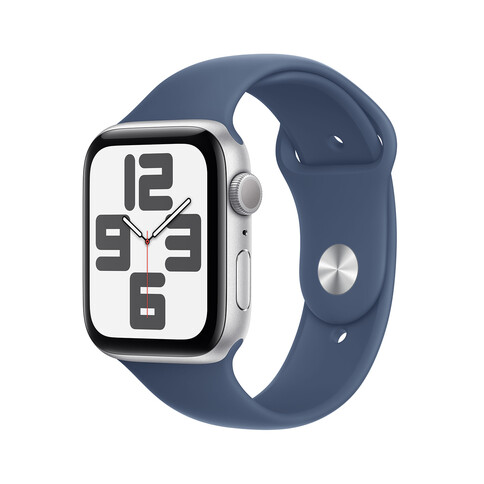 Apple Watch SE GPS, Aluminium silber, 44mm mit Sportarmband, denim - M/L